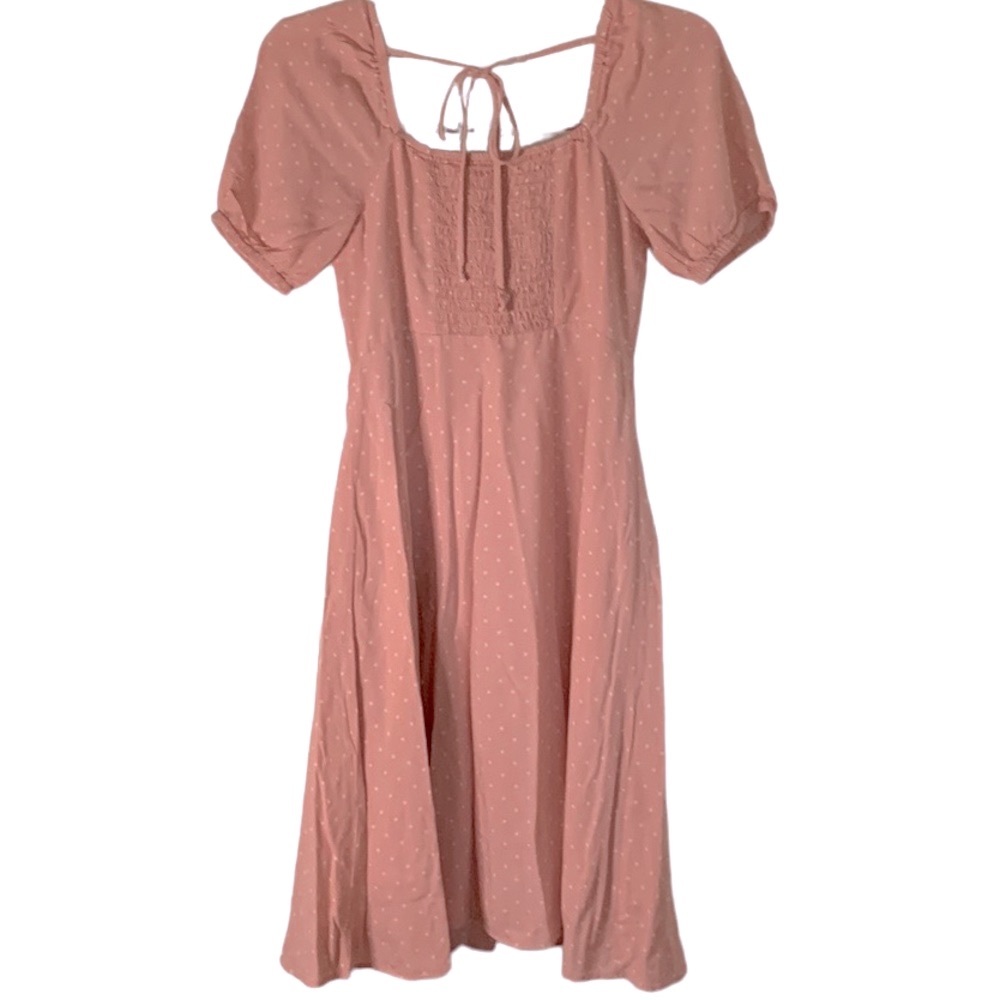 Gibson Button front dress , pink w/white polka dots, shirred elastic back bodice - Picture 3 of 7